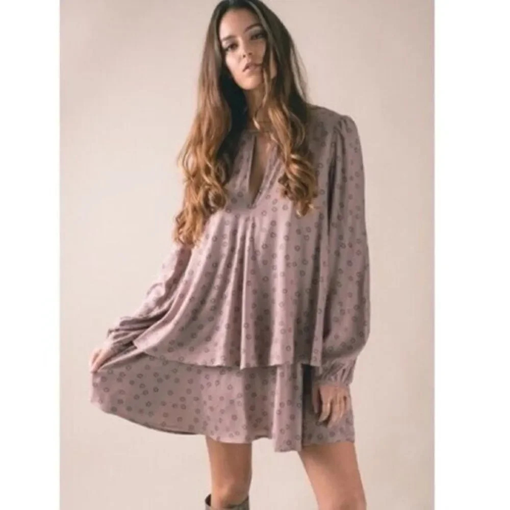 Free People Mauve Taupe Beck Long Sleeve Mini Tunic Dress Xs